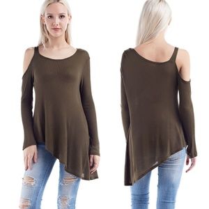 🍸Olive Asymmetrical Cold One Shoulder Tunic Top